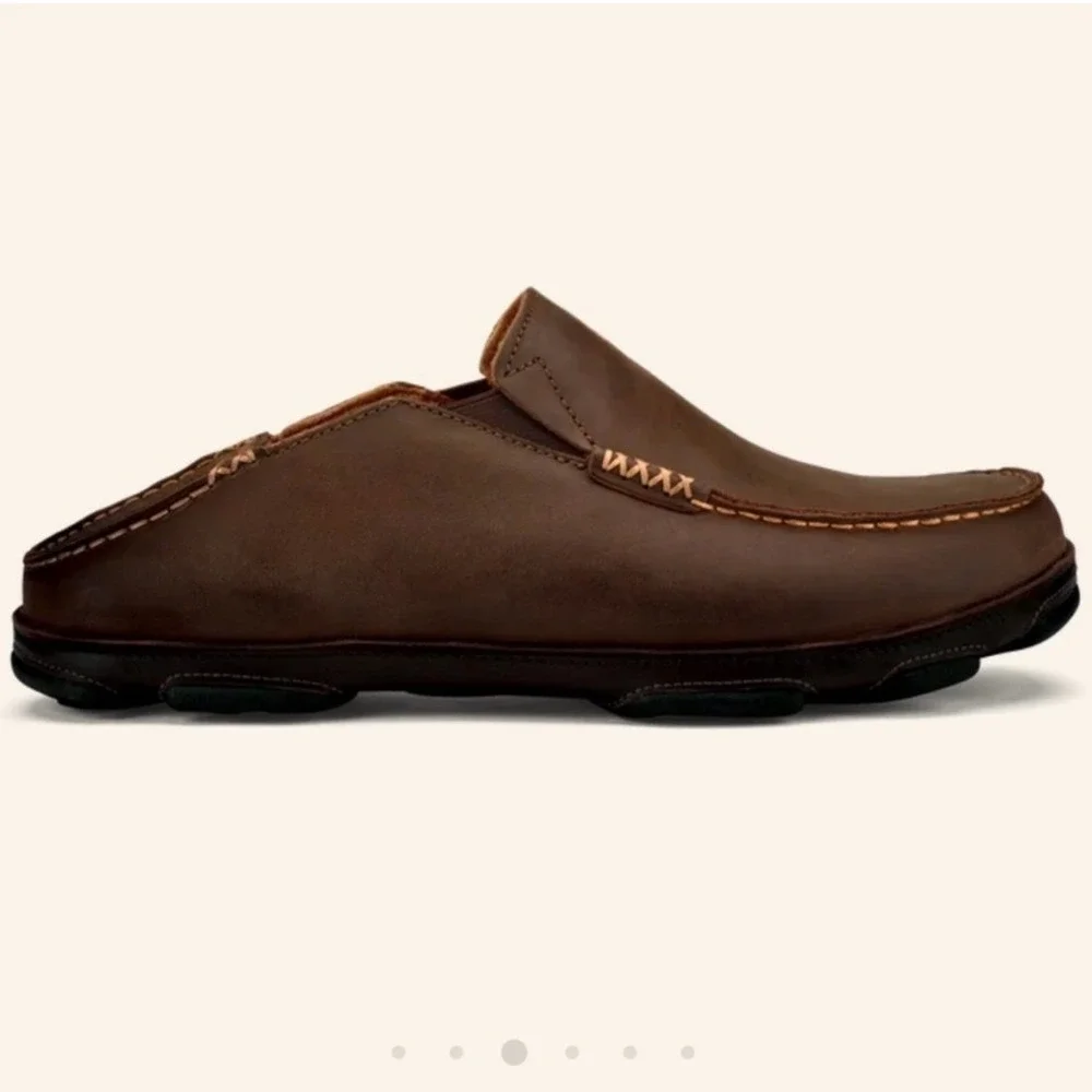 OluKai Moloa Slip On Loafers Mens 14 Dark Wood Brown Good Leather Drop In Heel